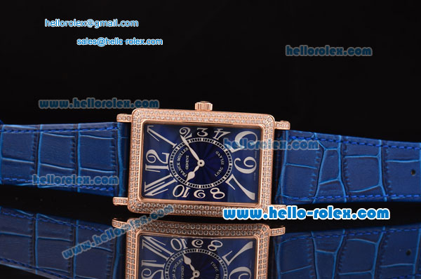 Franck Muller Long Island Swiss Quartz Rose Gold Case Diamond Bezel with Blue Leather Strap and Blue Dial - Click Image to Close